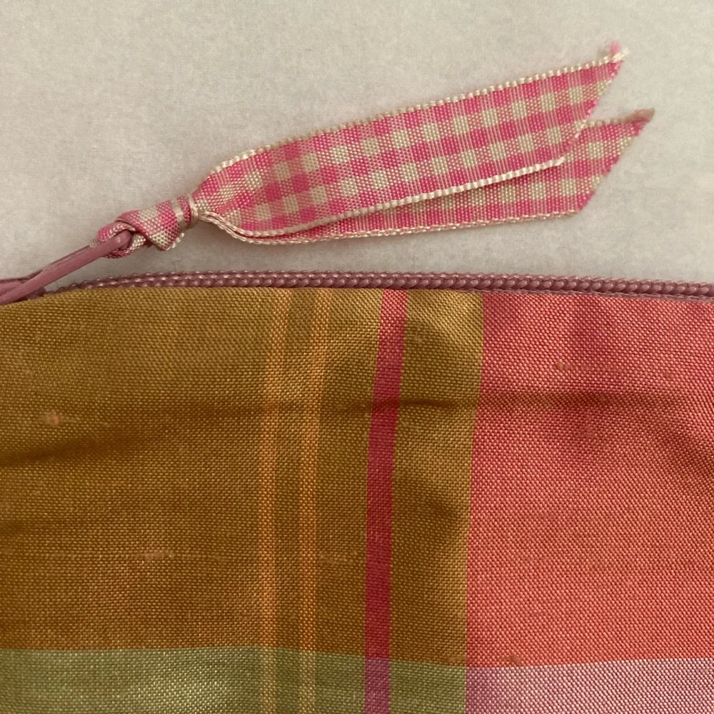 NWT “J” Plaid zip pouch cosmetic bag embroidered monogram Pink Sage Green